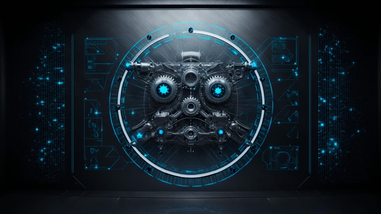Animated Futuristic Mechanical Gears with Blue Digital Interface