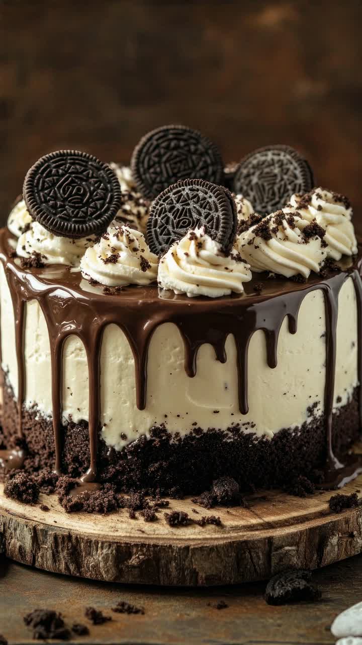 Close-up of a chocolate drip cake topped with cookies, shot from a low angle