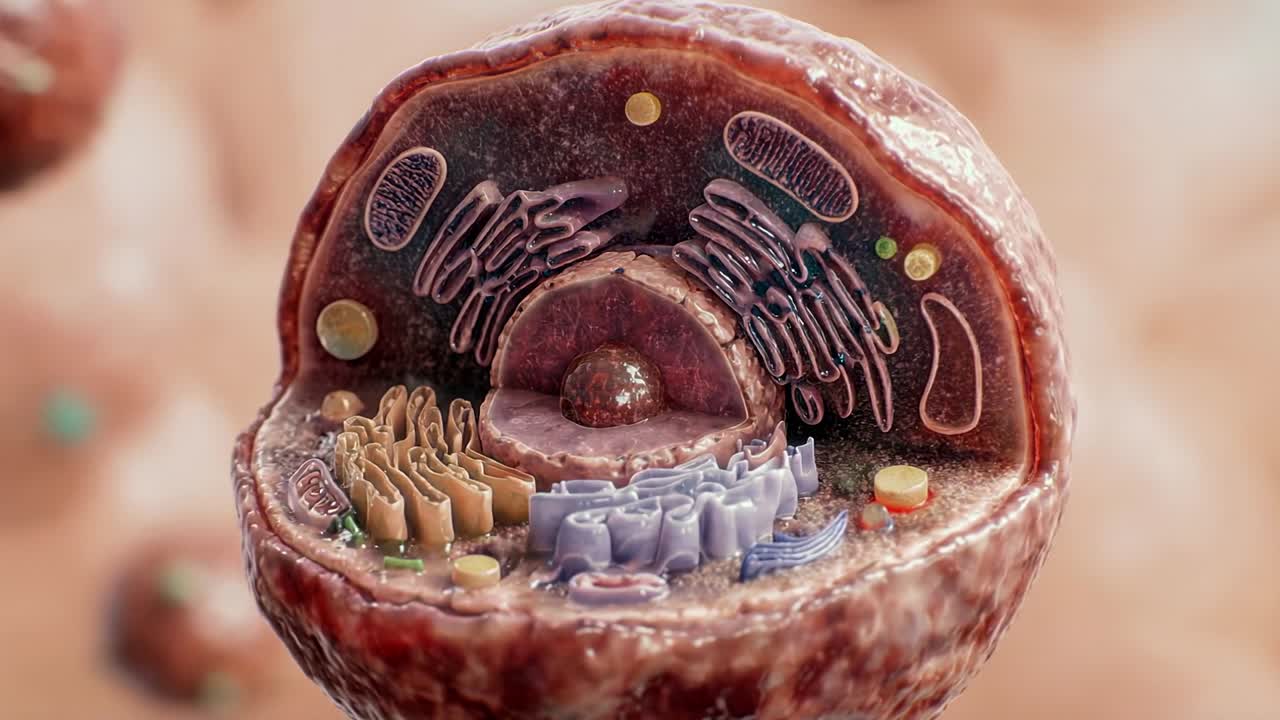 Cross section of an animal cell opening to reveal shifting organelles in a biological anatomy visualization