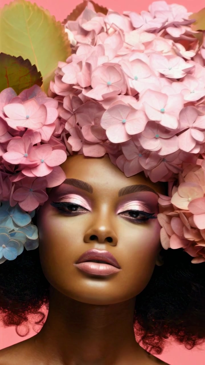 Bela Mulher com Adorno de Cabeça de Hortênsia e Maquiagem Abrindo os Olhos