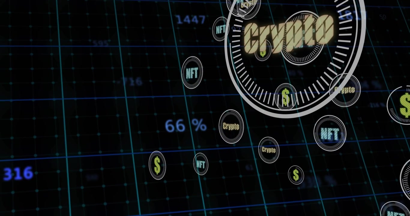 Números flutuantes em grade, mostrador de cripto girando, ícones de dólar cripto NFT orbitando para mostrar o fluxo de dados