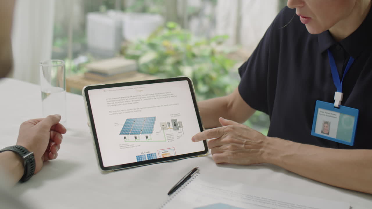 Female Engineer Explaining Project on Tablet to Business Partner