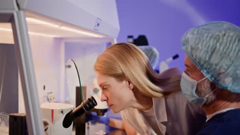 scientists using microscope in a laboratory