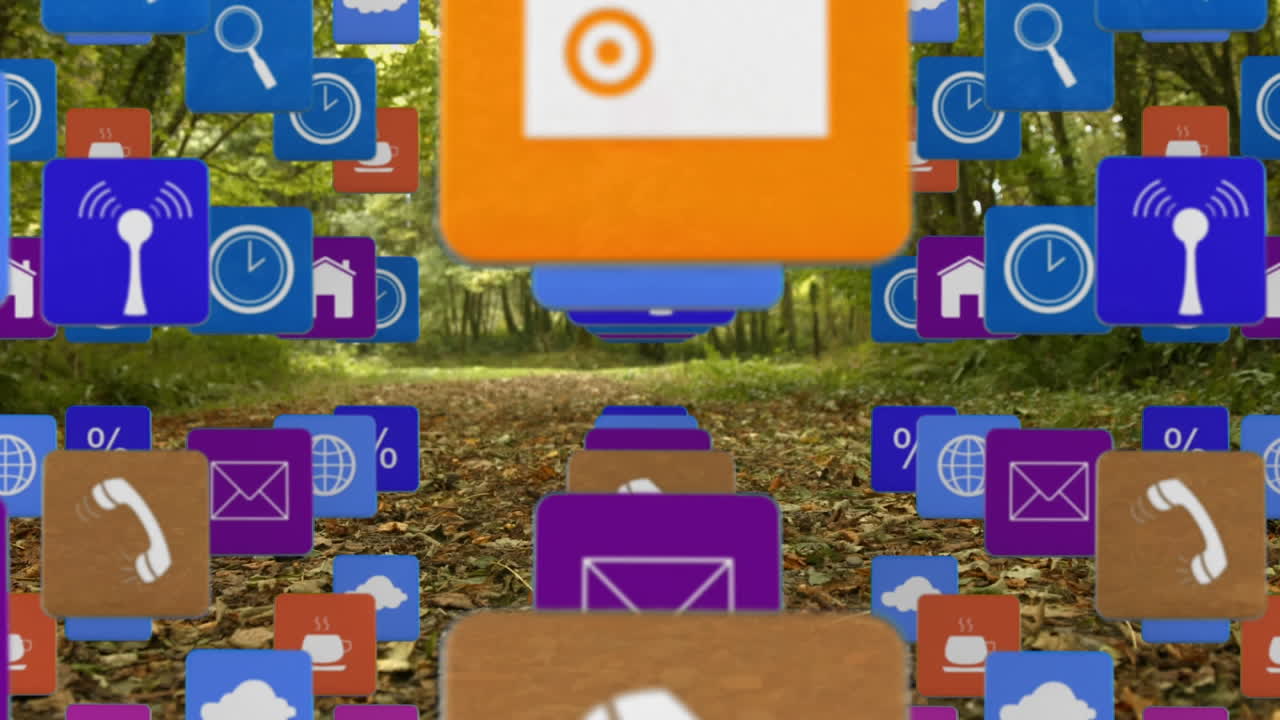 풍경 위에 떠다니는 디지털 아이콘의 행의 애니메이션