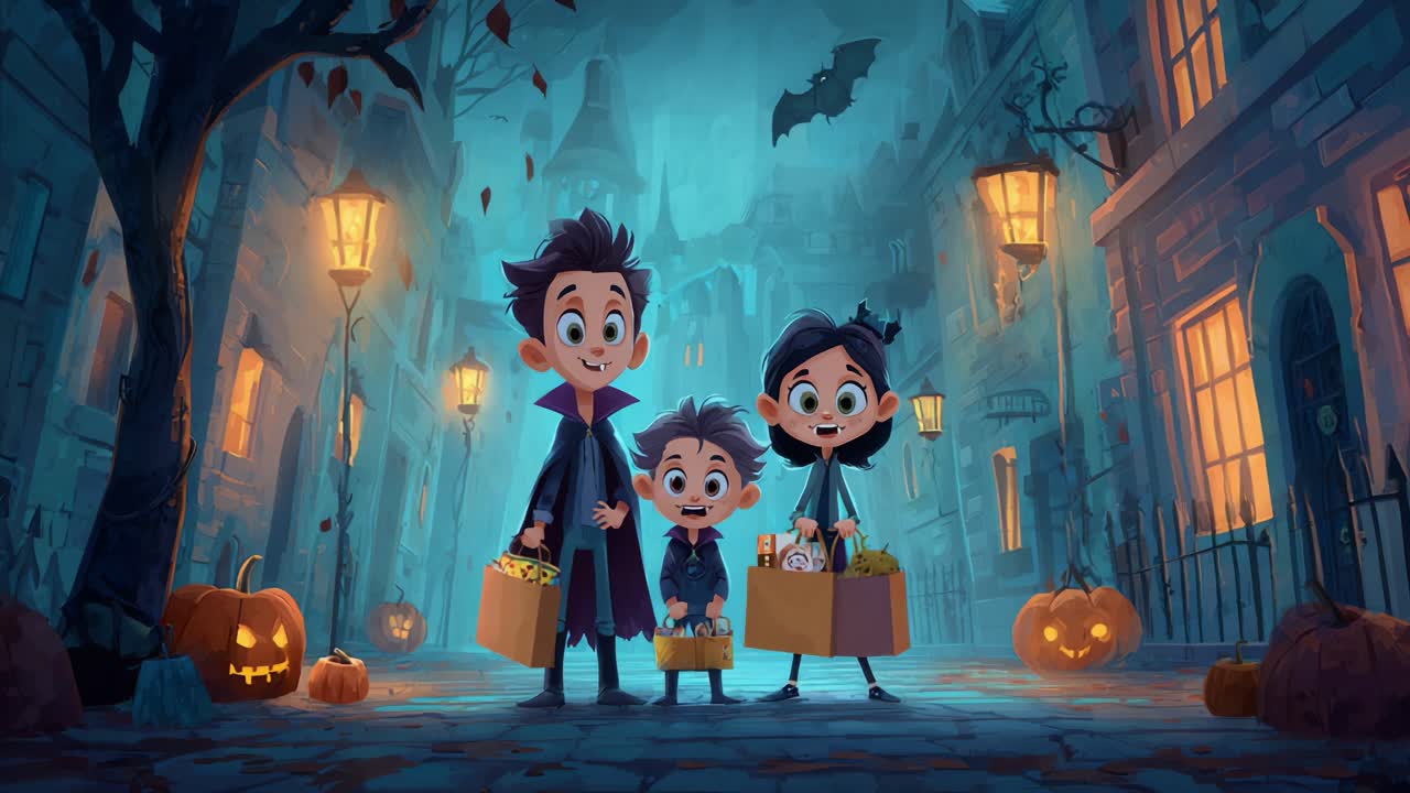 Tre unge trick-or-treaters udforsker en uhyggelig Halloween-gade omgivet af lanterner, græskar og en dæmpet atmosfære i en charmerende animeret scene.