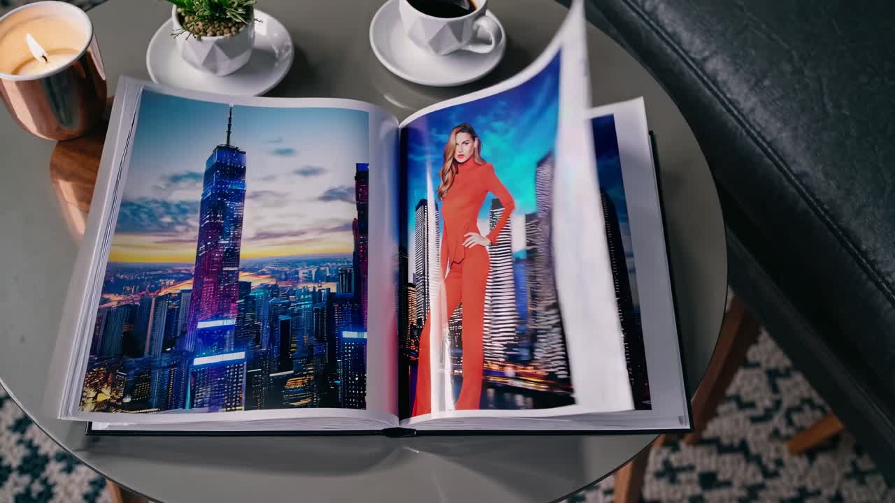Aerial view of an open magazine on a round table, showcasing fashion and cityscapes