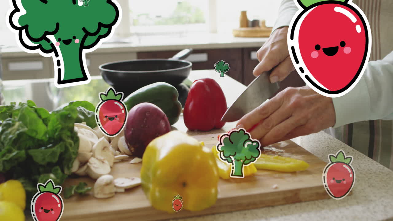 채소를 자르는 백인 여성 위에 채소 아이콘의 애니메이션