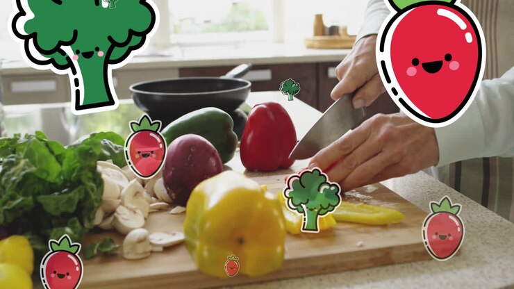 Animation of vegetables icons over caucasian woman cutting vegetables