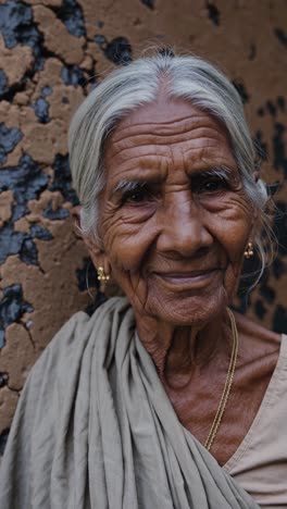 portrait of a serene elderly south asian woman gradually transitioning from a neutral expression to a warm smile, showcasing a range of emotions against a textured wall backdrop