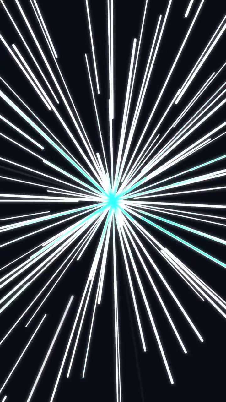 Vidéo verticale de lignes de vitesse radiales blanches et bleues éclatant depuis le centre sur fond noir.
