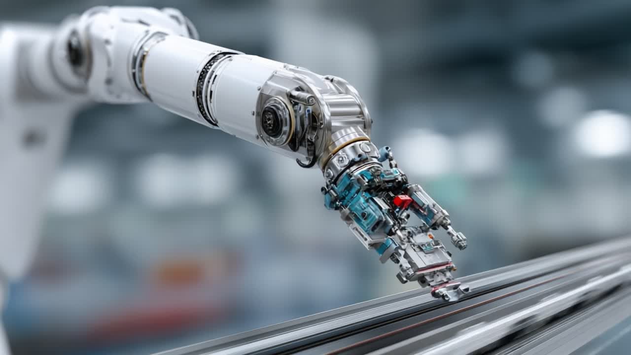 Brazo Robótico Avanzado Demostrando Precisión en la Automatización con una Intrincada Mano Mecánica en un Entorno de Alta Tecnología, Innovando Procesos de Fabricación y Eficiencia
