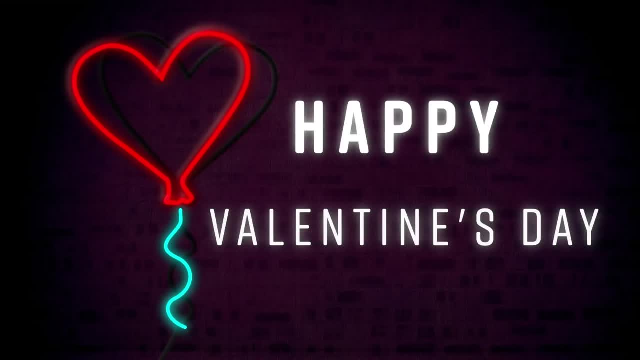 Animation of the words happy valentine's day and red neon heart balloon flashing on black background