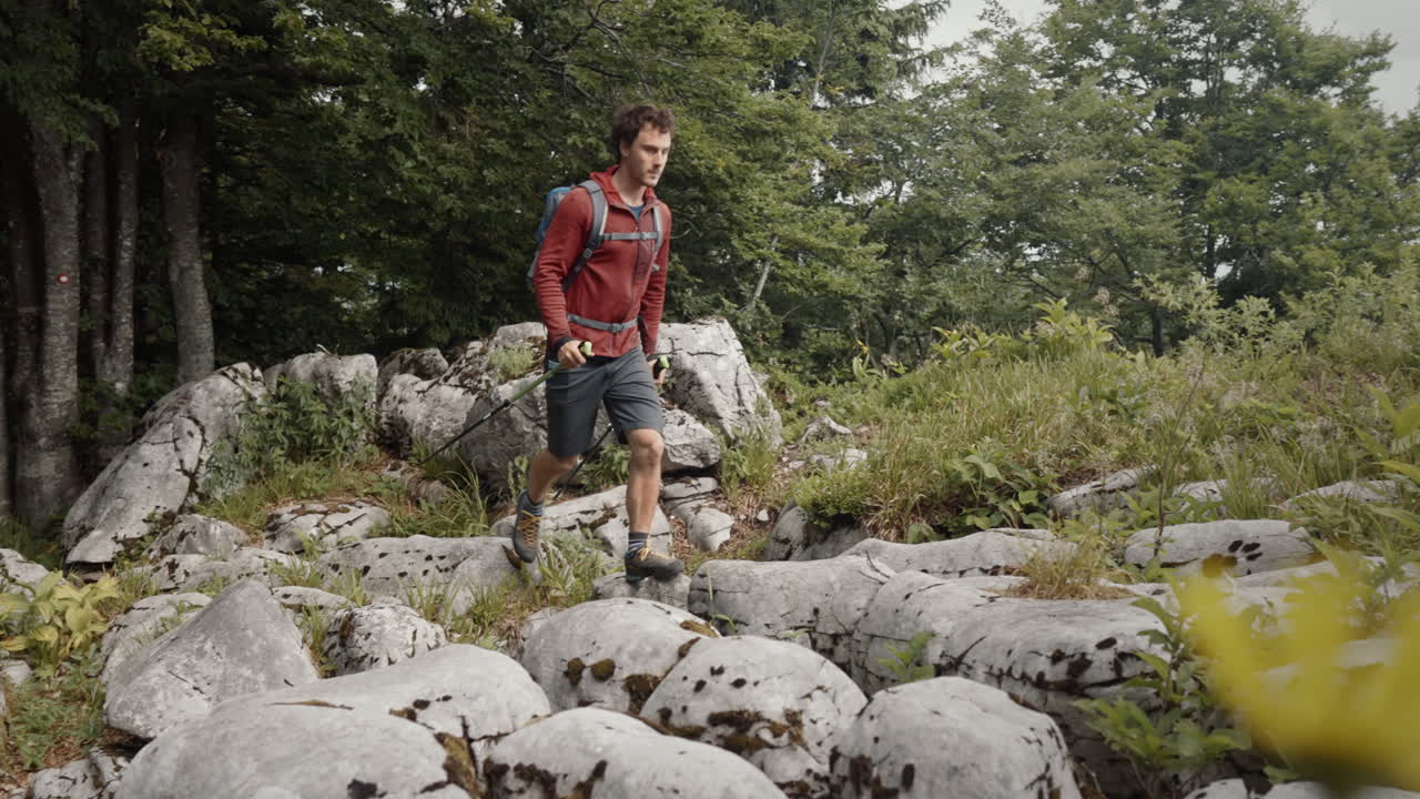 un joven excursionista que sale del bosque hacia el mirador sobre grandes rocas para llegar a un lugar perfecto para ver el valle