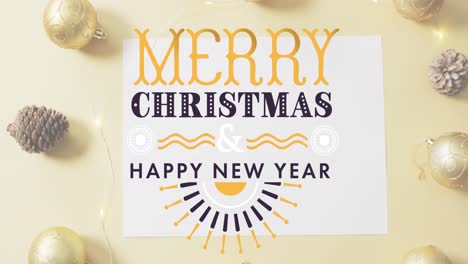 animation of merry christmas text banner against pinecone, bauble and fairy lights on pink surface