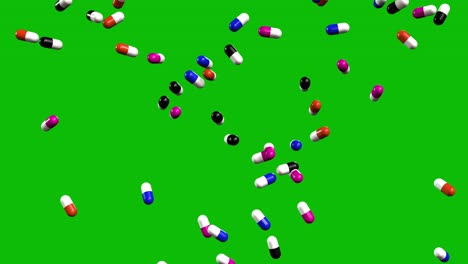 pills of various colors falling from the top of the frame on green screen 3d animation