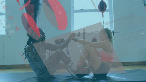 procesamiento de datos estadísticos contra boxeadora y entrenador masculino haciendo ejercicio de sentarse