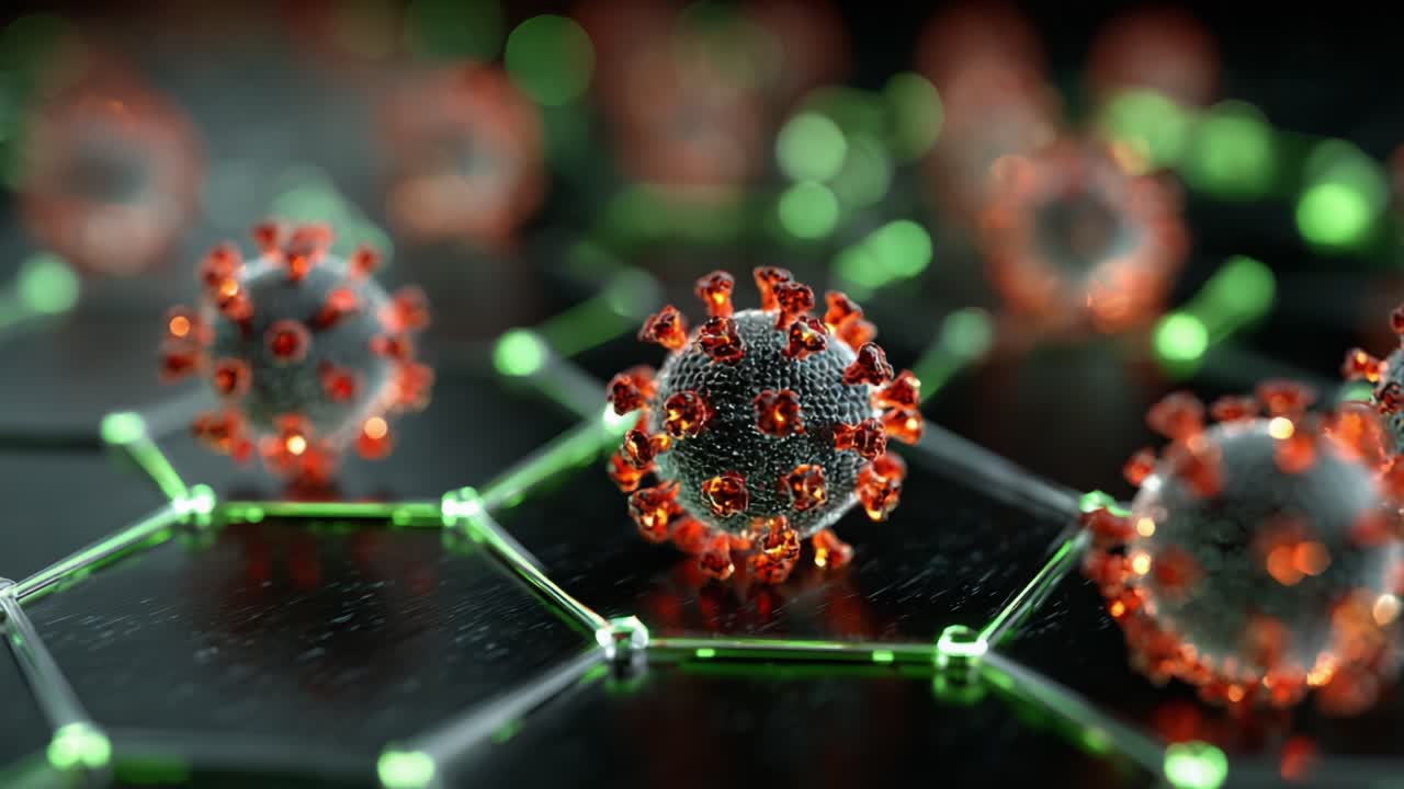 Mikroskopische Visualisierung von Viruspartikeln auf einer nanostrukturierten Oberfläche, die die Symmetrie und Struktur der Pathogenmorphologie unter hoher Auflösung zeigt