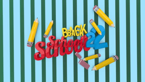 animation of back 2 school text over school items icons on green and blue background