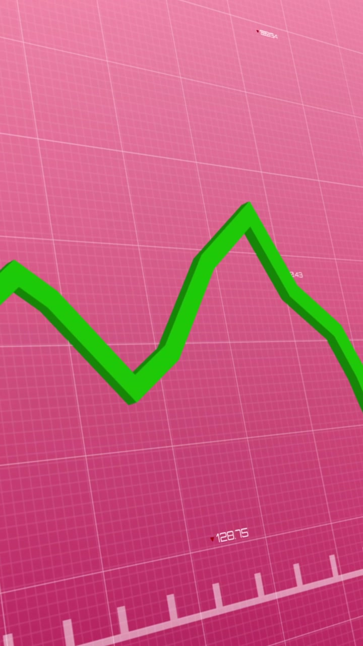Animação de gráfico com números em mudança sobre padrão de grade em fundo rosa