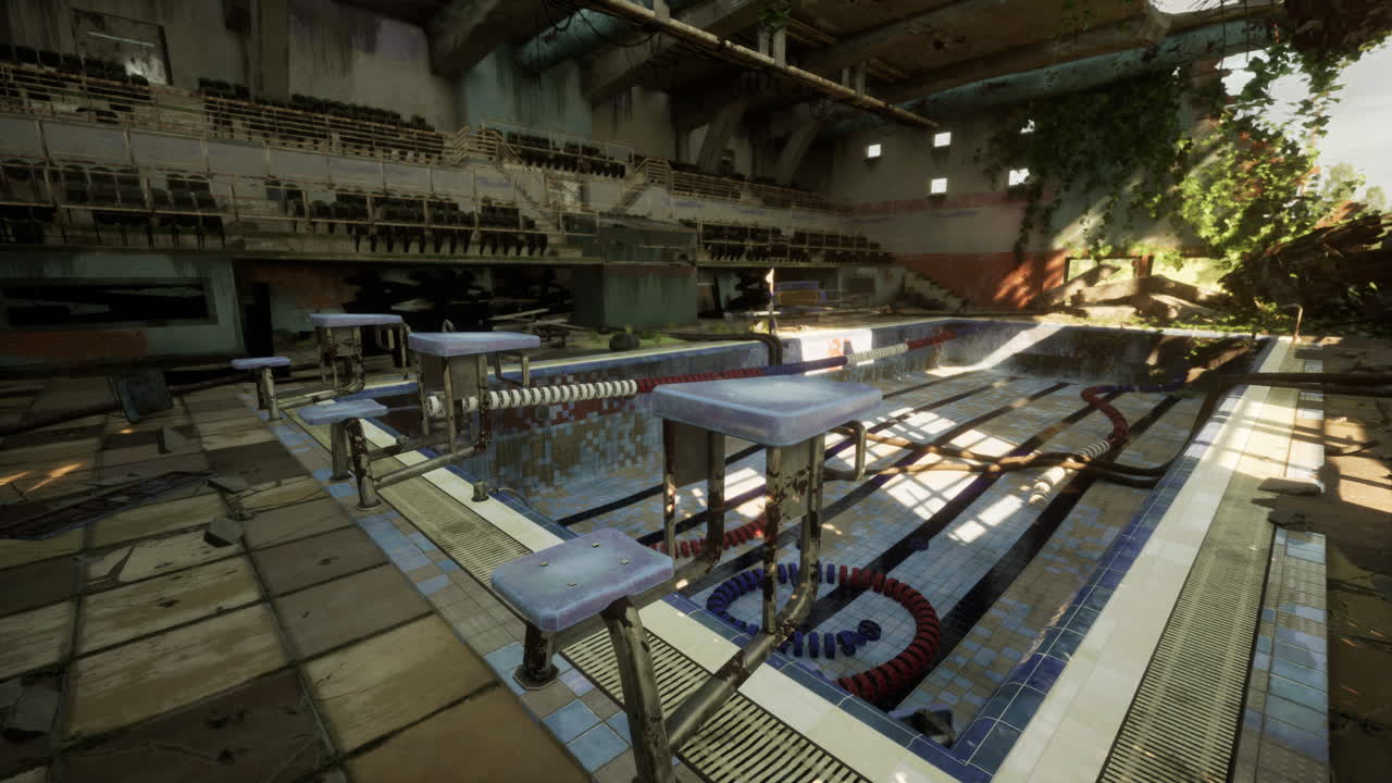 버려진 수영장과 잔디로 가득 찬 수영장