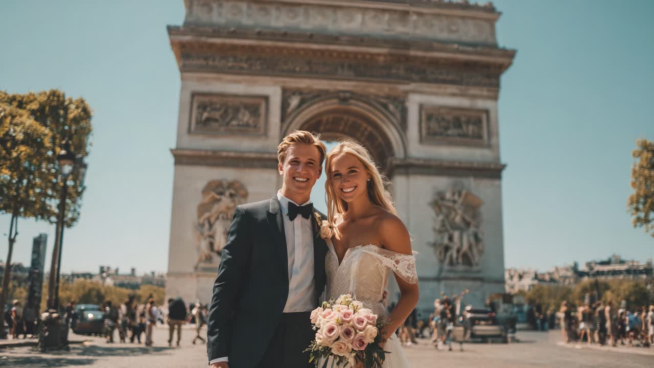 A Joyful Celebration of Love: A Couple Smiling in Elegant Attire at a Famous Monument, Featuring Beautiful Flowers in Their Joyous Wedding Moment