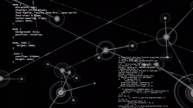 Animazione di elaborazione dati con rete di connessioni su sfondo nero