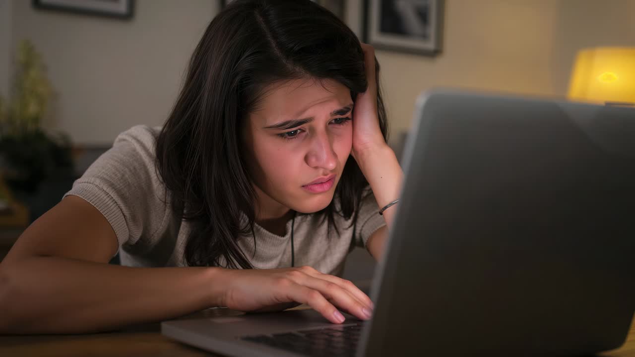 Leaning female student reading challenging online assignment on laptop and typing at bedroom desk