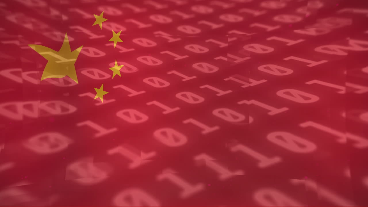 animación de la bandera de china y procesamiento de datos de codificación binaria