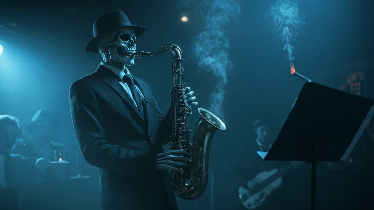 A Haunting Jazz Performance Features a Skeleton Musician Captivating the Audience with Soulful Saxophone Melodies Under Atmospheric Blue Lighting