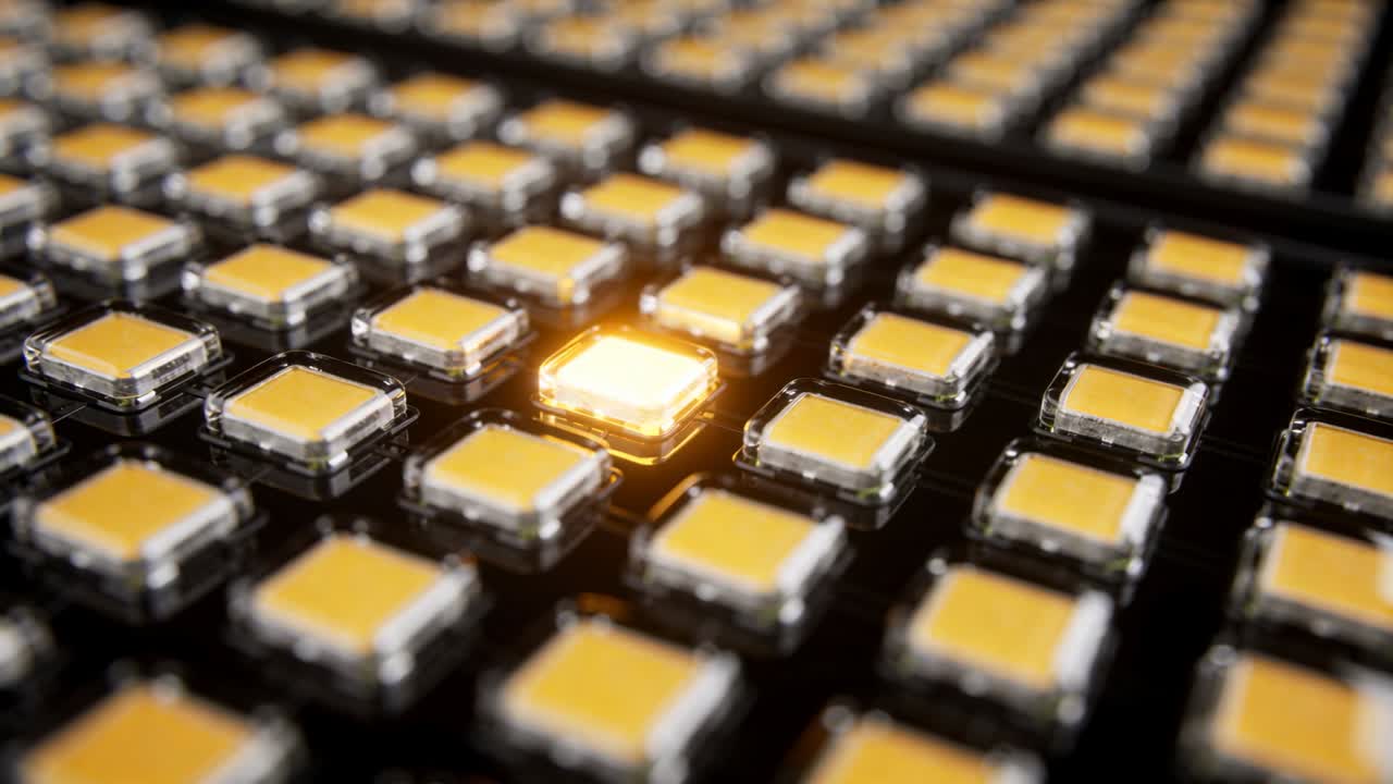 Ricevendo un impulso di energia, un emettitore LED quadrato centrale si intensifica su un supporto nero, sottoposto a test.