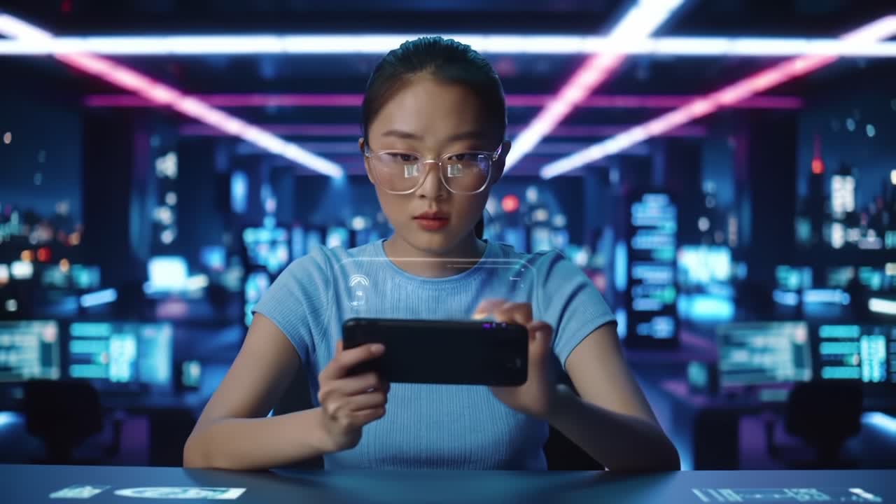 Soustředěný jedinec používá smartphone v prostředí špičkových technologií, osvětleném zářivými neonovými světly a obklopeném pokročilými digitálními displeji, které prezentují moderní zábavu nebo hraní her.