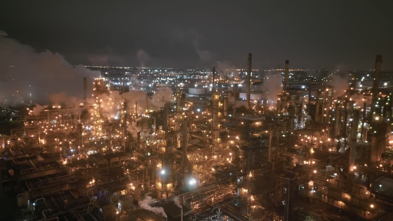Una refinería de petróleo iluminada funciona durante la noche, con sus torres y tuberías brillando contra el cielo oscuro, en Montreal, Canadá - Toma orbital con dron