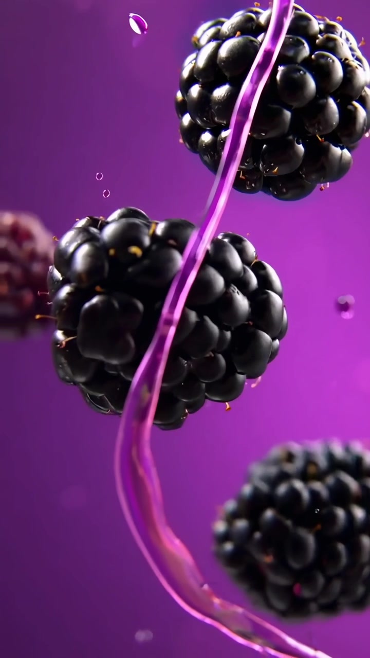 Saftige Brombeeren spritzen in lebhaft violetter Flüssigkeit.