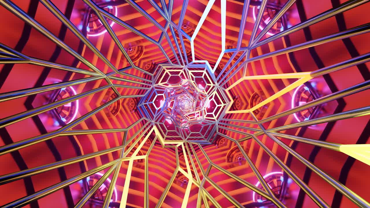 Bright geometric shapes and intricate lines form a mesmerizing pattern that endlessly loops, creating a dynamic visual experience for digital displays. Ideal for enhancing ambient atmospheres