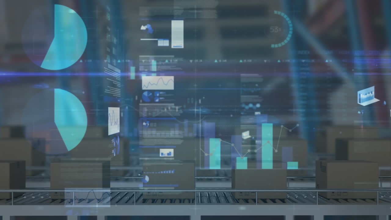 창고에서 컨베이어 벨트에 있는 카드보드 상자 위에서 통계 처리의 애니메이션