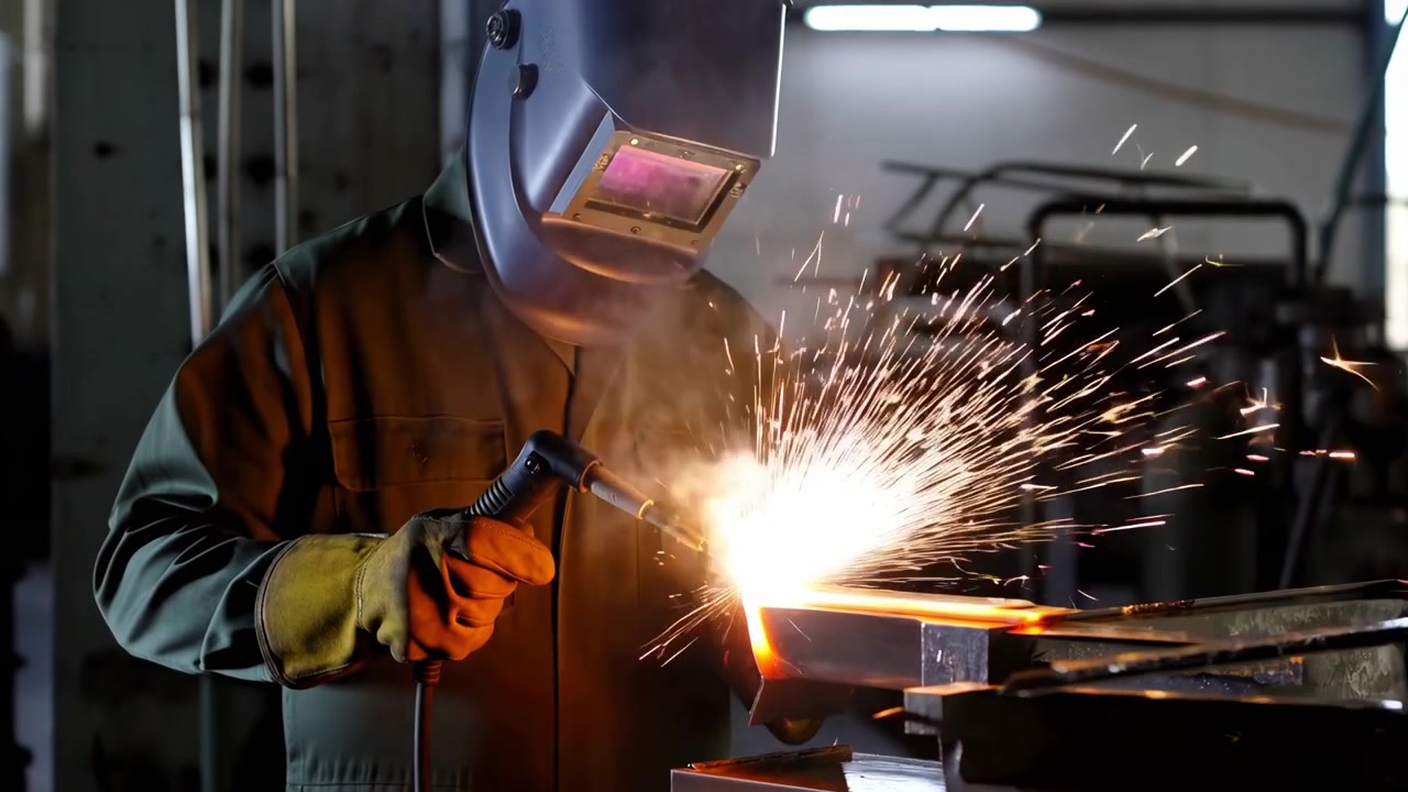 Welder Sparks Dim Workshop Protective Helmet Gloved Hands Guiding Torch Across Steel Plate, Bright Sparks