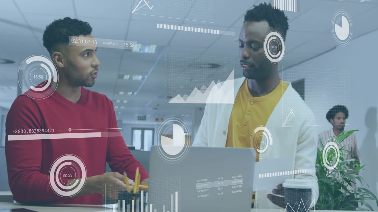 Colleagues grabbing pencil pointing laptop screen driving chart animation for business data review