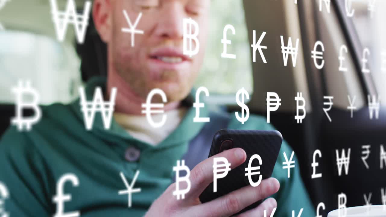 자동차에 앉아있는 동안 스마트폰을 사용하는 알비노 아프리카계 미국인 남성의 화폐 기호의 애니메이션