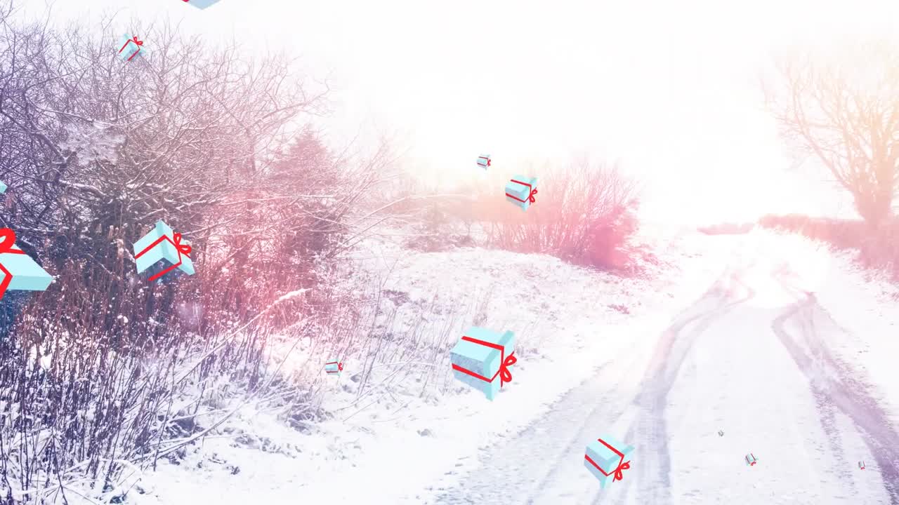 겨울 풍경 위에 떨어지는 눈송이와 크리스마스 선물의 애니메이션