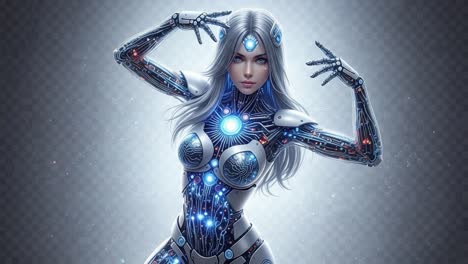 futuristic cybernetic female model showcasing advanced technology with glowing elements and intricate designs, exuding strength and grace in a digital landscape