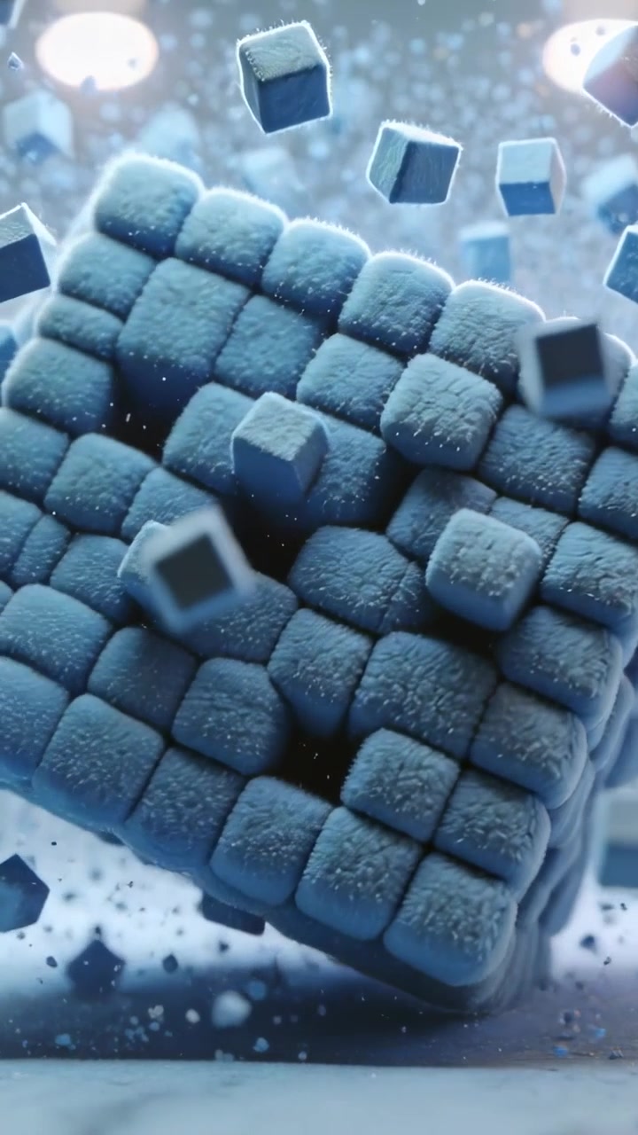 Video verticale: Spostamento interno che stacca sub-cubi da un cubo blu in studio, spargendo detriti.