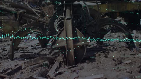 animation of multiple graphs with changing numbers, close up of claw of crane in junkyard