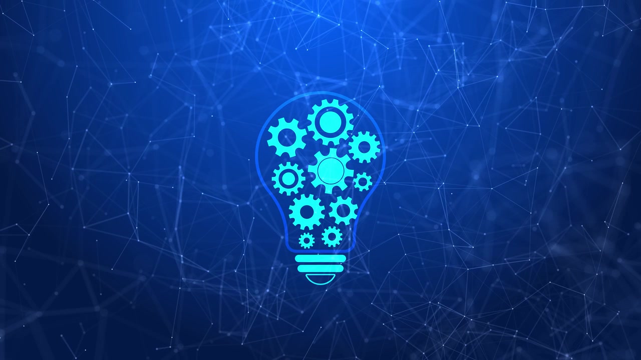 Creative thinking technology visual lightbulb outline mechanical gears and connected blue polygon