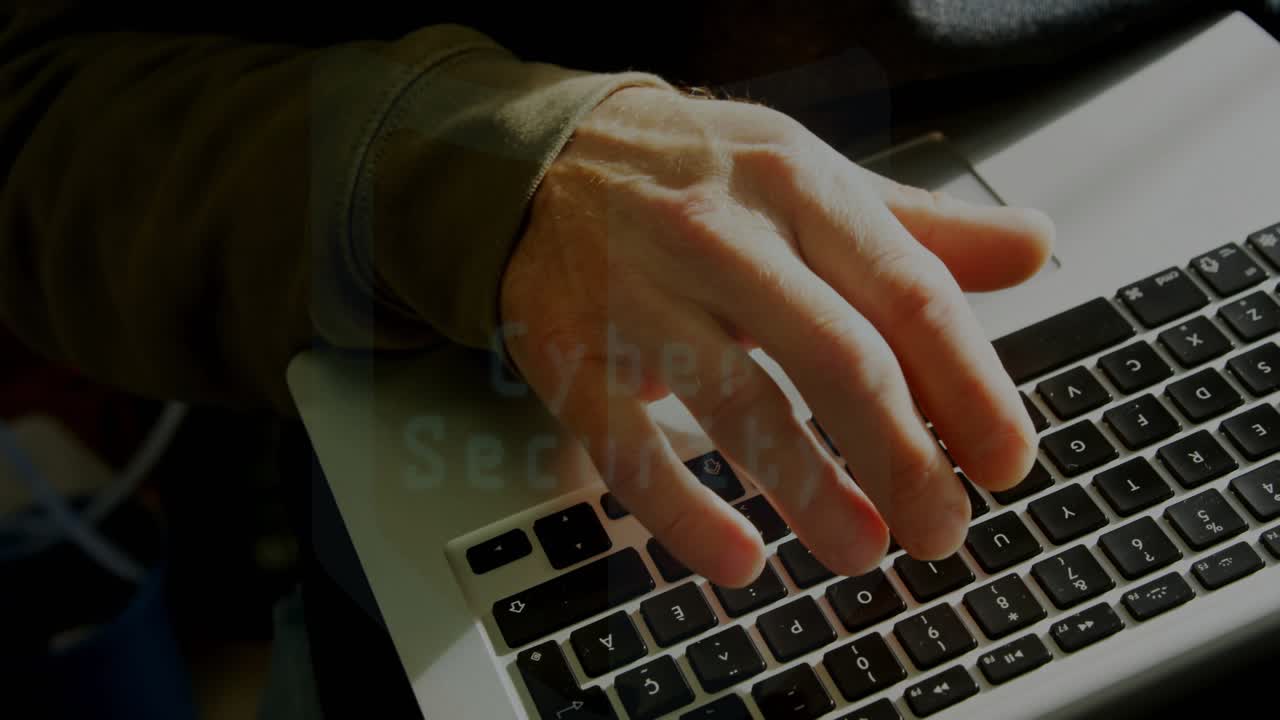 Female hand typing and initiating security HUD overlaying hand with padlock scan line securing data