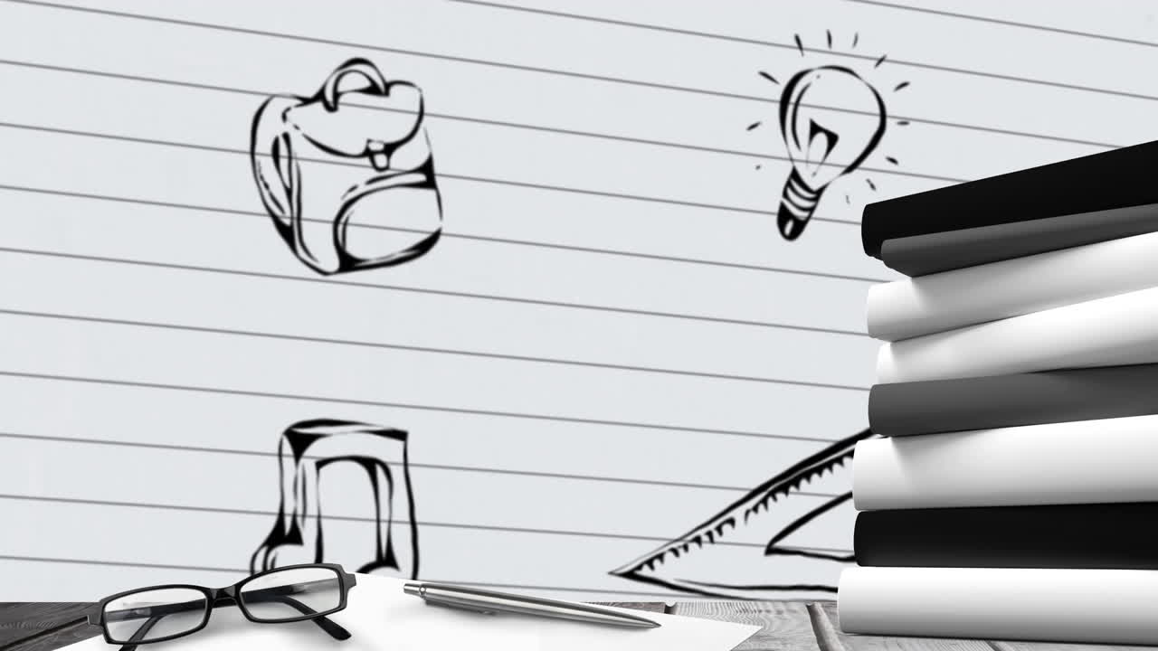 animación de objetos escolares que caen sobre un fondo blanco