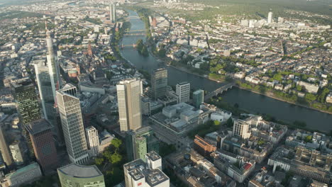 AERIAL:-Wide-Circle-Around-Frankfurt-am-Main-Center-Skyline-in-Beautiful-Summerlight-with-Empty-Streets-due-to-Coronavirus-Covid-19-Pandemic