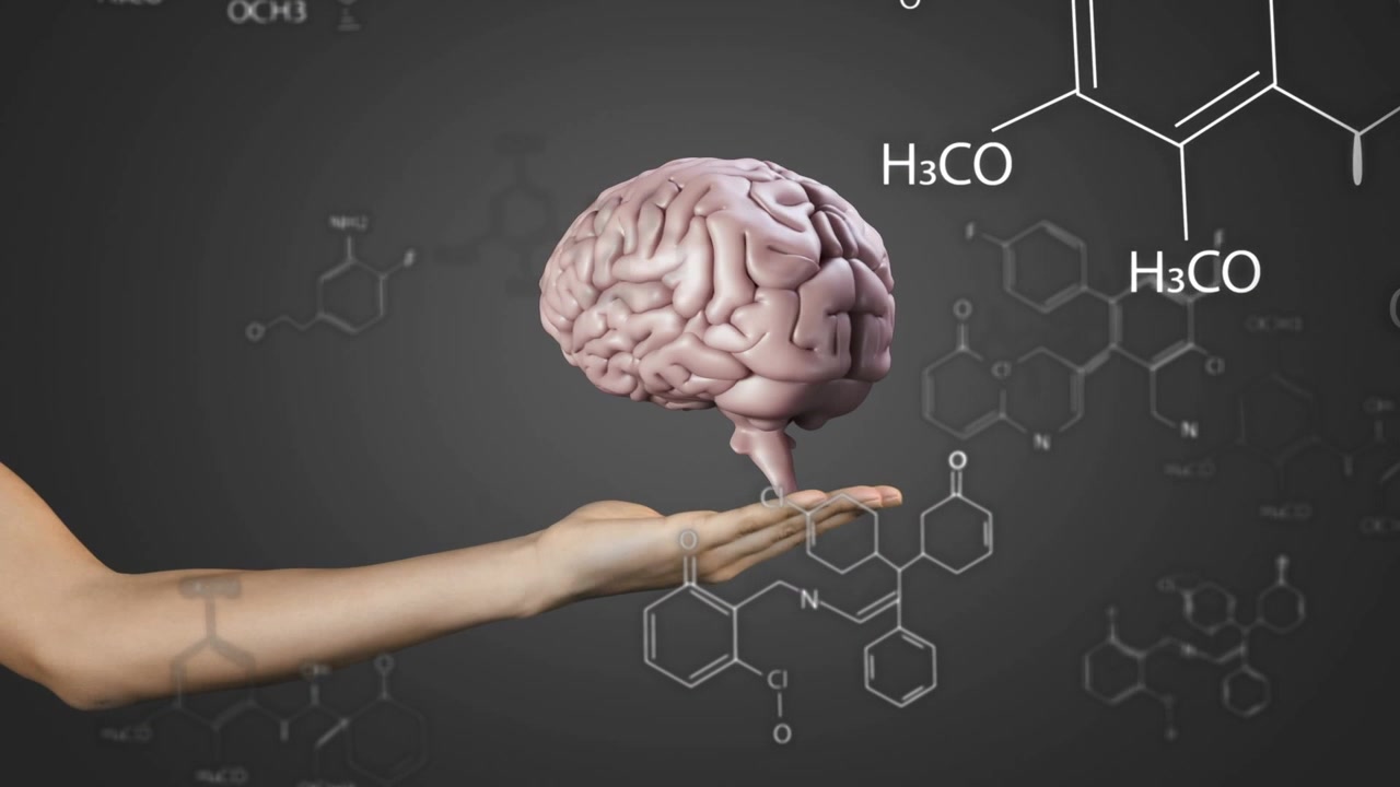 Mão esquerda entrando, cérebro aparecendo, pairando e girando acima da palma da mão, mostrando a química cerebral