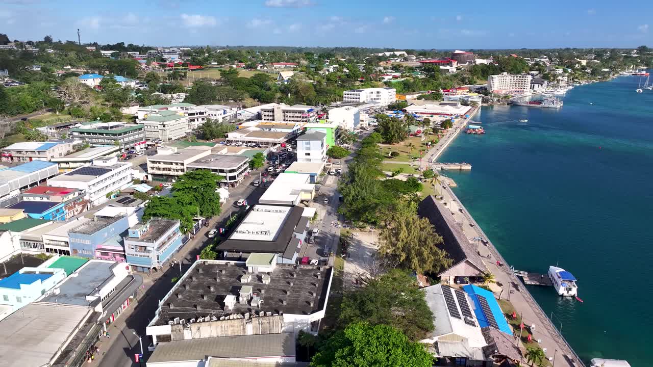 Promenades Of Harborside Port Vila At Vanuatu In Efate Island. Aerial Drone Shot