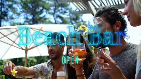 animation of beach bar text over happy diverse friends with drinks