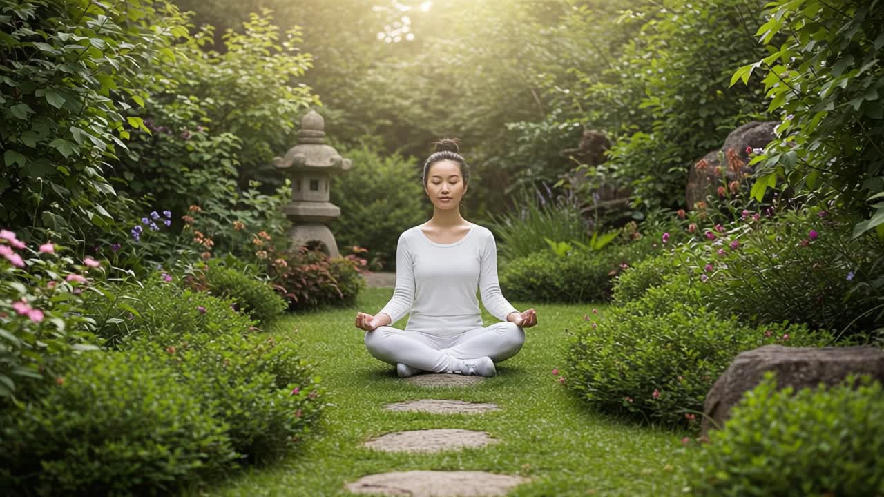 A Serene Moment of Mindfulness: A Peaceful Individual Meditating in a Lush Garden Surrounded by Vibrant Flora and Gentle Natural Light